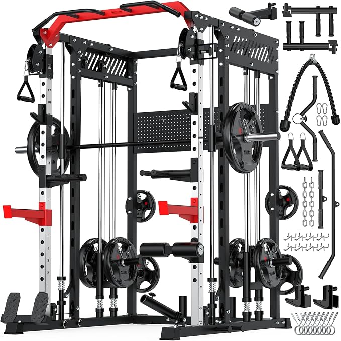 XDDIAS Smith Machine with Power Rack, 2300LBS Home Gym System with Dual Pulley Cable Crossover, Squat Rack with LAT Pulldown, Adjustable Power Cage for Strength Training, Full Body Workout Equipment