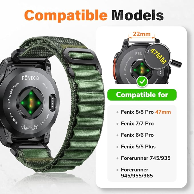 Alpine Loop Nylon Watch Band Compatible with Garmin Fenix 5/6/7/8 47mm, Quickfit 22mm Rugged Watch Bands for Garmin Epix Gen 2/Fenix 8 Pro 47mm/7 Pro/6 Pro/5 Plus/Forerunner 935/S62