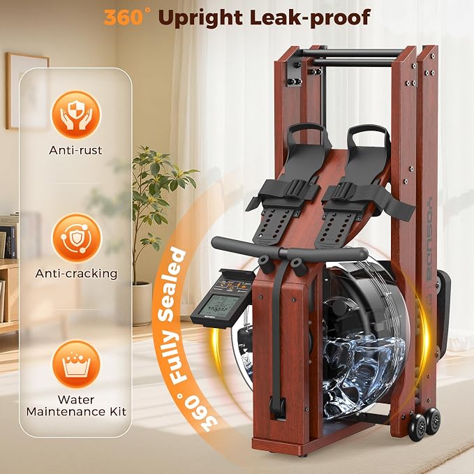 YOSUDA Water Rowing Machines for Home Use - Wooden Foldable Immersive Water Rower Machine 400LBS Weight Capacity with Dedicated Monitor & Bluetooth APP, Large Tank, Comfortable Seat