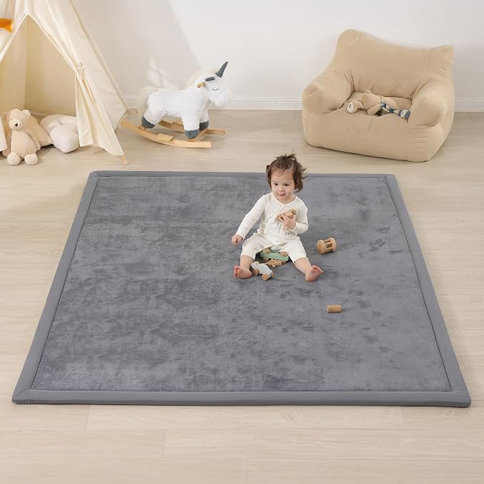 1.3" Thick Baby Floor Play Mat, 59x79 Padded Foam Tummy Time Crawling Mat, Non-Slip Water-Repellent Soft Plush Nursey Area Rug for Playroom Bedroom Living Room (Dark Gery)