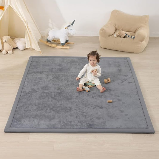 1.3" Thick Baby Floor Play Mat, 59x79 Padded Foam Tummy Time Crawling Mat, Non-Slip Water-Repellent Soft Plush Nursey Area Rug for Playroom Bedroom Living Room (Dark Gery)