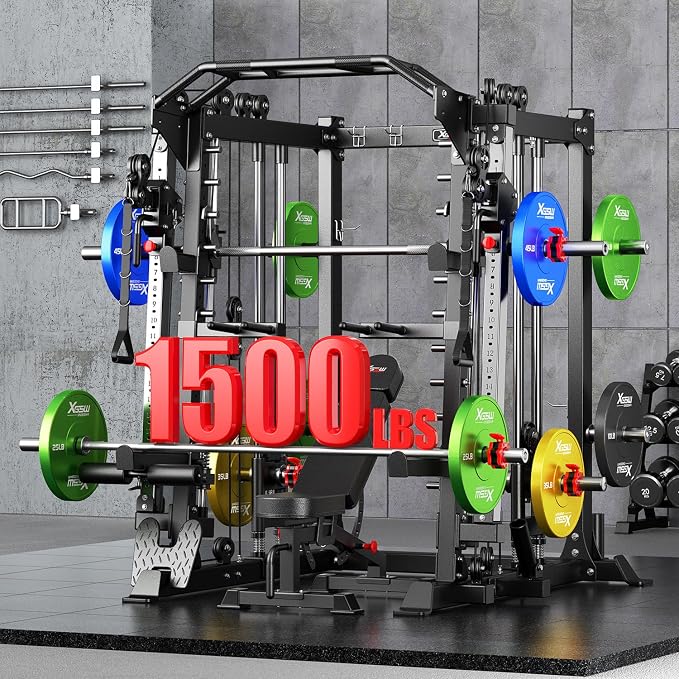 Smith Machine，Multi-Function Squat Rack Power Cage with Cable Crossover System,with Optional Weight Bench, Olympic Barbell Weight Set, for Home Gym