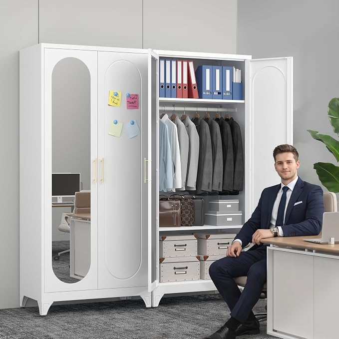Polup Metal Armoire Wardrobe Closet with Mirror, Clothing Storage Cabinet | 71" Heavy Duty Steel Wardrobe Cabinet with Hanging Rod & Adjustable Shelves for Bedroom, Office, Clothes Organizer, White