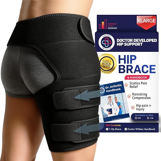 Dr. Arthritis Hip Brace, Adjustable Sciatic Nerve Brace & Stabilizer for Pulled Muscles & Injury Recovery, Hamstring Compression Sleeve Support, Sciatica Pain Relief Devices for Men & Women (BLK, L/XL)