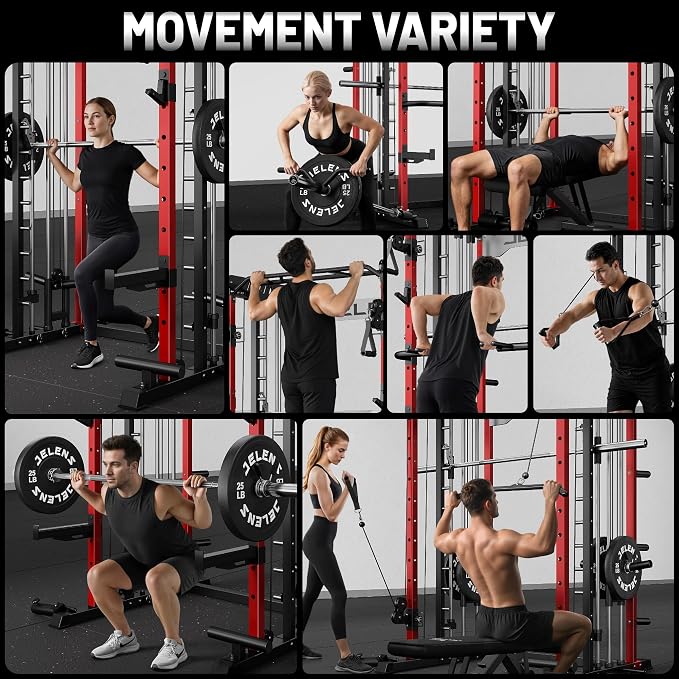 JELENS Smith Machine for Home Gym, Multi-Function M12 Power Cage with Cable Crossover System, Squat Rack with Smith Bar and More Attachment