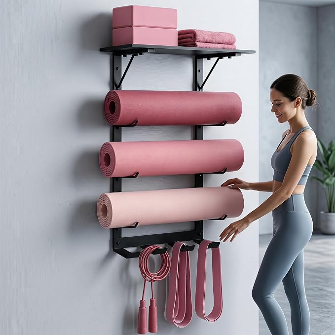Home Gym Yoga Mat Holder - 4-Tier Wall Rack with Top Shelf and 5 Hooks | Metal Storage Rack Organizes Mats, Foam Rollers, Yoga Blocks, Resistance Bands, Jump Ropes And Workout Accessories.
