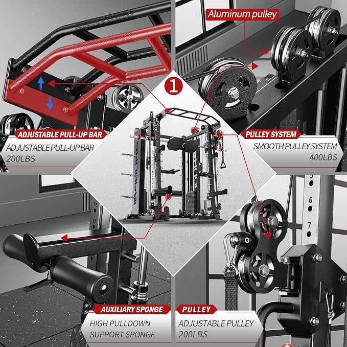 XGSW Smith Machine with Weight Stack, Multi-Function Squat Rack Power Cage with Cable Crossover System, for Home Gym
