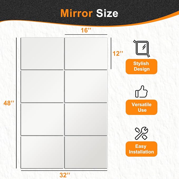 Delma Frameless Mirror Tiles 16"x12"x8 Pcs Wall Mounted | Shatter Resistant, Full Length, Tempered Glass Panels, For Home Gym Bathroom Bedroom & Living Room Decor