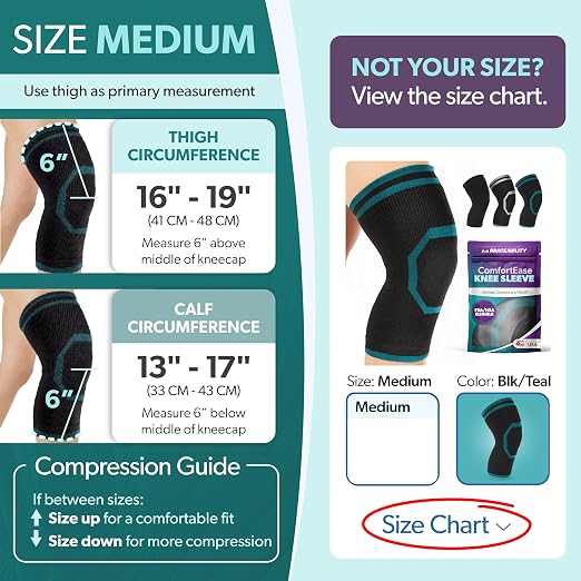 BraceAbility Knee Compression Sleeve for Women and Men - ComfortEase Knee Pain Brace Support for Arthritis, Swelling, Joint Stiffness, Recovery, All-Day Comfort and Relief (M - Black/Teal)