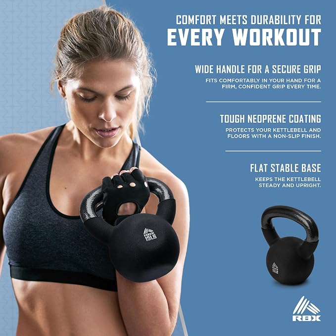 RBX Neoprene Kettlebell, Wide Handle, Iron Core, Flat Bottom, Great for All Fitness Levels
