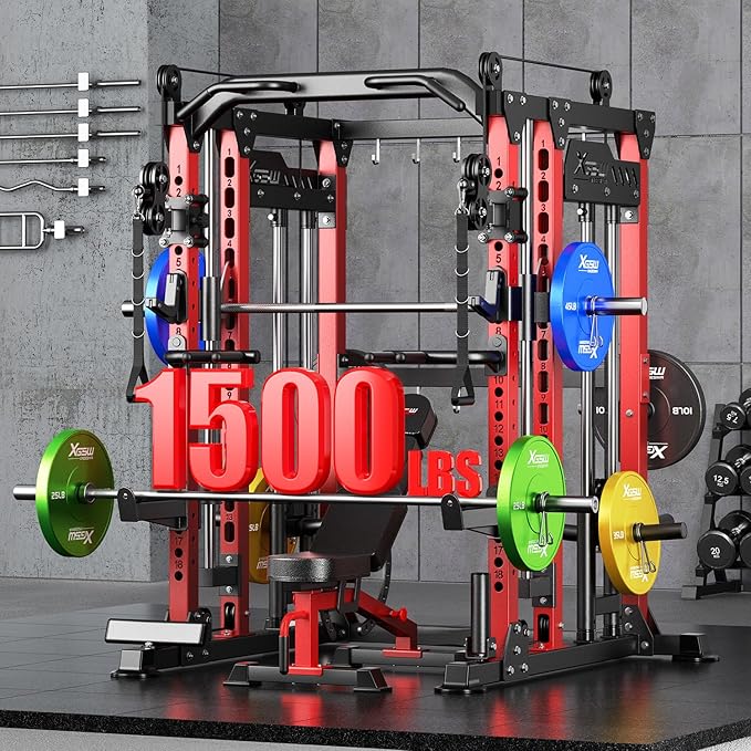 Smith Machine with Cable Crossover System, Multi-Function Power Cage Squat Rack for Home Gym, Power Rack and Packages Weight Sets.
