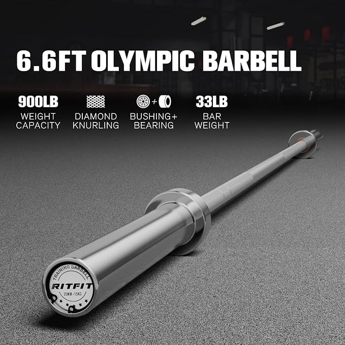 RitFit Elite 7ft Olympic Barbell, Robust 45lb Barbell for Weightlifting and Powerlifting, Superior Olympic Bar with Exceptional 500lbs Load Capacity, Weight Bar for 2” Standard Plates