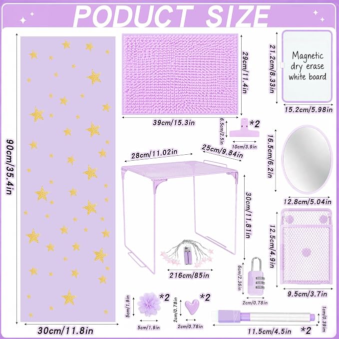16 PCS Locker Accessories for Girls Magnetic Locker Decorations Kit with Shelf Mirror Whiteboard Pen Holder Rug Wallpaper Lights Locker Organizer Set for School Dorm Room Office Gym (Purple)