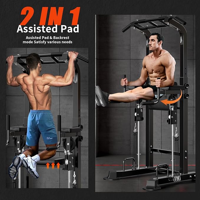 SogesHome Power Tower Pull Up Bar Station Height Adjustable Assistive Rack | Multi-Function Strength Training Equipment Full Body Workout Machine, Freestanding Push Up Dip Stand for Home Gym Exercise