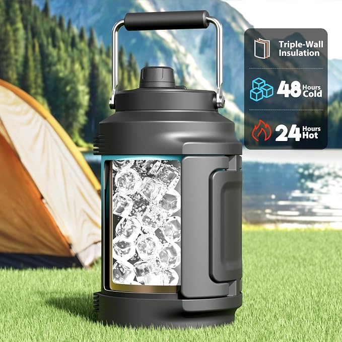 1 Gallon Insulated Water Bottle for Sports: Meoky 128 oz Triple Wall Vacuum Stainless Steel Water Jug - Top and Side Handles, Cold for 48 Hrs, 2-in-1 Straw and Spout Lid, Leak Proof for Hiking (Cyan)