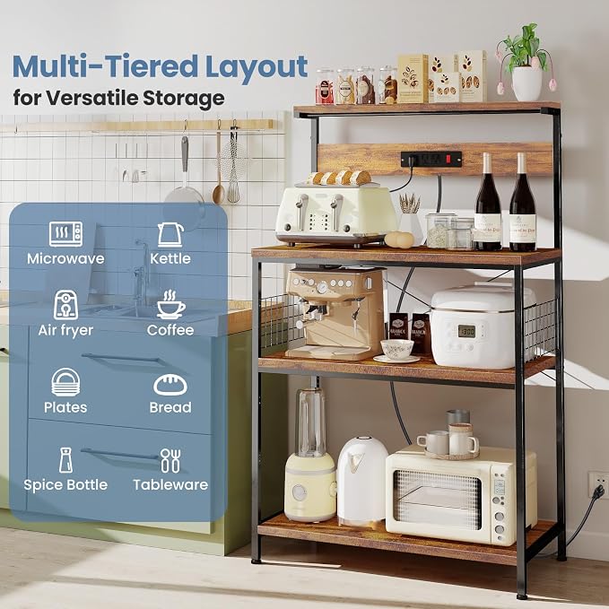 DUMOS 31.5" Bakers Rack with Power Outlet for Kitchen Organization | Microwave Stand with 3 AC Outlets, On/Off Switch and 6.5ft Power Cord, 3 Open Tiers and Adjustable Middle Shelf, Brown