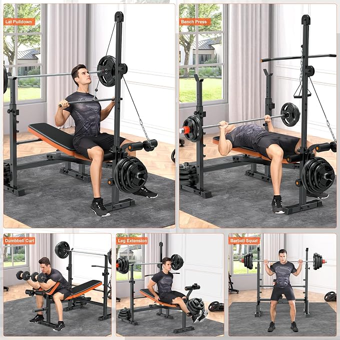 Fostoy Olympic Weight Bench with Lat Pulldown, Squat Rack & Leg Curl | Adjustable,Cable Row, Squat Rack, Leg Developer, Preacher Curl, Multi-Angle Backrest, Full Body Strength Training