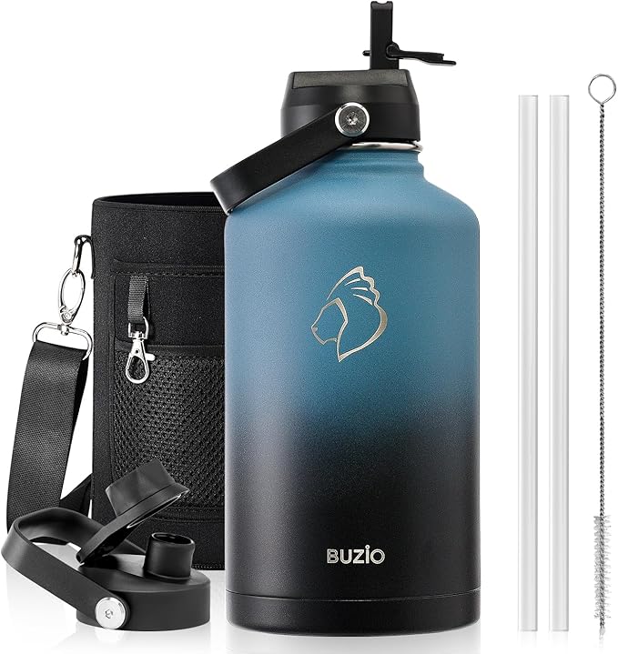 BUZIO 64 oz Insulated Stainless Steel Water Bottle with Dust-proof Lids | Half Gallon Water Jug (Dishwasher Safe), Cold for 48 Hrs, Triple Wall with Copper Plating, for Gym, Hiking, Camping, Black