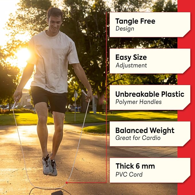 Elite Jumps 6mm PVC Jump Rope, Adjustable Skipping Rope | Non-kinking PVC cord. Unbreakable handles. Smooth rotation. For cardio and boxing.