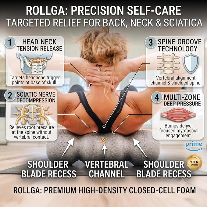 Rollga LITE - High Density Foam Roller for Exercise & Back Pain, 18 inches | Patented Grooves Protect Spine & Bone, Bumps Reach Deeper, Design Mimics Hands-On Massage, Increase Flexibility 22%