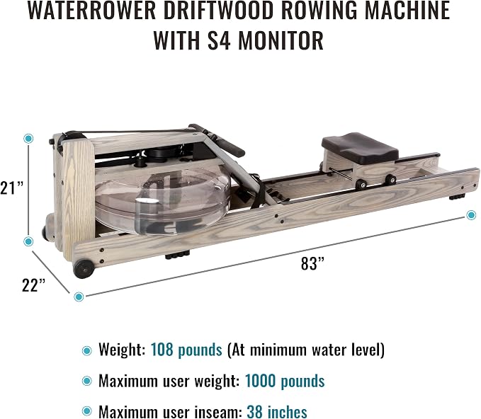 Water Rower Rowing Machine for Home Use, Solid Ash Wood Rower | Water Resistance with Smooth Natural Feel. Full Body Low Impact Cardio Trainer. Upright Space Saving Storage.
