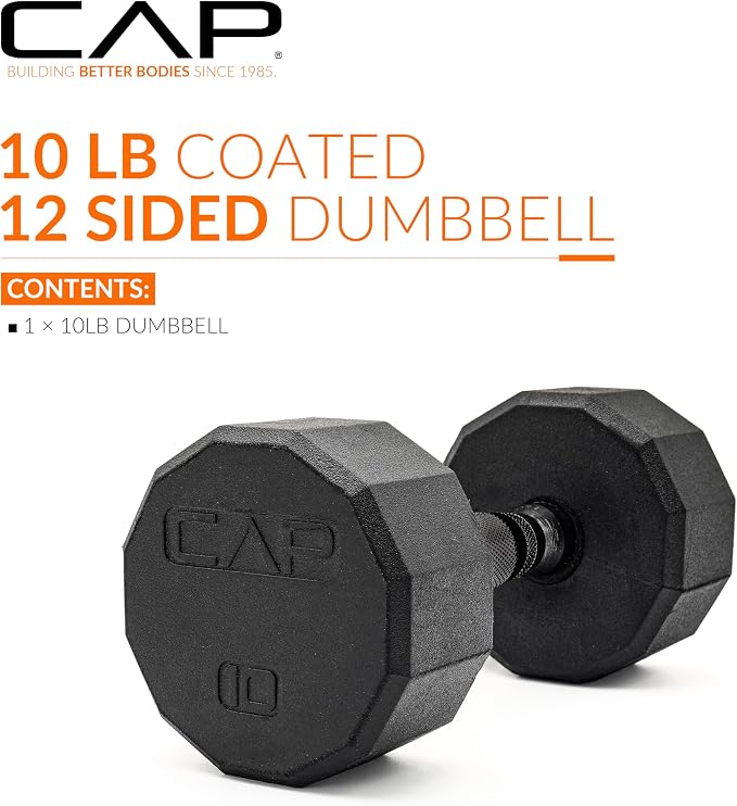 CAP Rubber Coated Dumbbell Weights, Free Weights for Home Gym Strength Training, Anti-Roll Hex Dumbbells with Black, Chrome & Comfort Grip Handles, Singles
