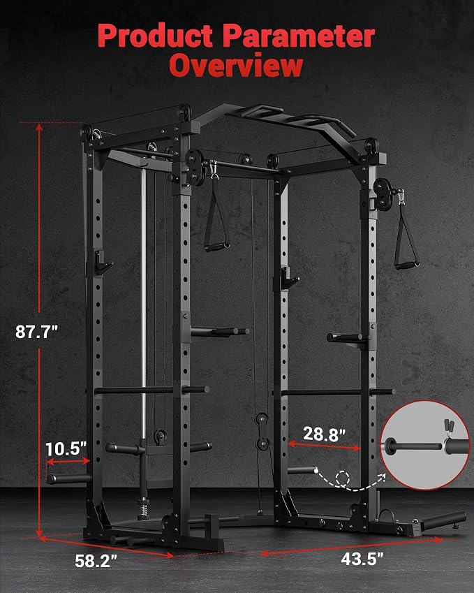 Garvee Power Cage with Cable Crossover System, Power Rack for Home Gym | 1600 Lb Capacity, Carbon Steel Squat Machine with LAT Pulldown Pulley System, J-Hooks, Dip Handles, Landmine Attachment