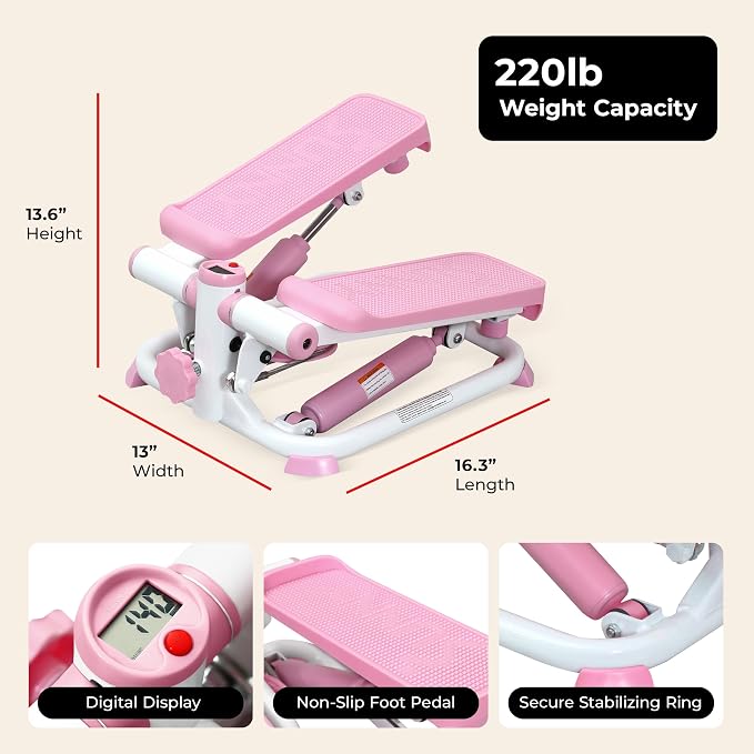 Sunny Health & Fitness Mini Stepper w/LCD Monitor & Adjustable Step Height | Fully Assembled, Stable Frame Design, Home Cardio Training, Hydraulic Stepper, Fits Everywhere, Resistance Bands Option