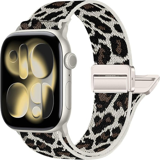 Leopard Braided Magnetic Nylon Watch Bands Compatible with Apple Watch Bands 40mm 41mm 42mm 44mm 45mm 46mm 49mm 38mm Women Men, Elastic Sport Strap for iWatch Series 11 10 9 8 7 6 5 4 SE Ultra 3 2 1