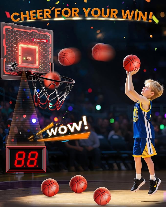 Indoor Basketball Hoop Pro for Kids, Over The Door Basketball Hoop with LED Light/Scoreboard/4 Balls- Upgraded Anti-Impact Backboard, Basketball Toys Gifts for 6 7 8 9 10 11 12 Year Old Boys