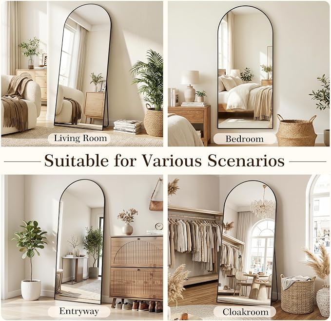 58"x18" Arched Full Length Mirror with Stand, Free Standing Leaning Wall Mounted Aluminum Alloy Frame Mirror for Bedroom Living Room Cloakroom, Black