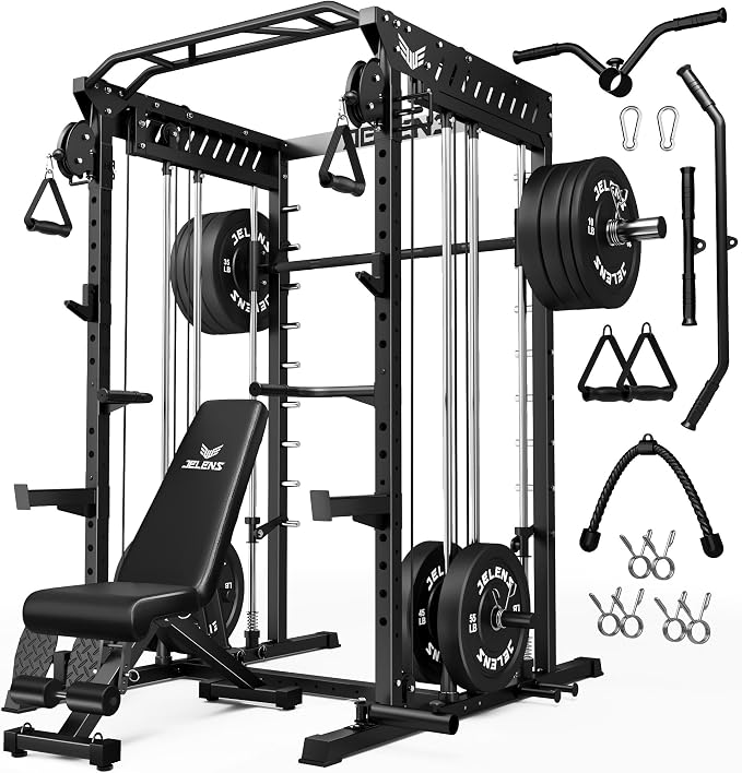 JELENS M21 Smith Machine, Multi-Function Power Cage with Dual Pulley Cable Crossover System, 2000LBS All-in-One Squat Rack with Smith Bar and Attachments for Home Gym