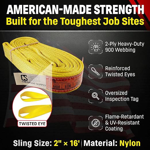 DD Sling (USA Made). 2" wide X (4' to 20' lengths) in Listing! 2 Ply Twisted Eye, Nylon Lifting Slings, Eye & Eye, Heavy Duty (900 webbing), 6,400 lbs Vertical, 5,100 Choker, 12,800 Basket Load Capacity (2inX16ft) | 6,400 lb Vertical, 5,100 lb Choker, ...