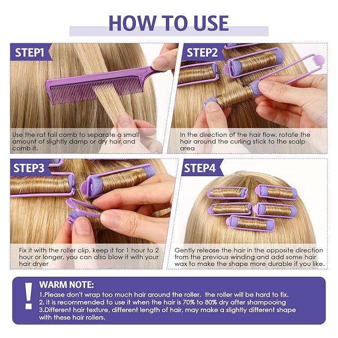 Syhood 43 Pcs Foam Sponge Hair Rollers Women 0.59 Inch Soft Sleeping Curlers Flexible Sponge Curler Tool and Rat Tail Comb for Hair Styling Hairdressing Overnight Curl and Volume(Purple)