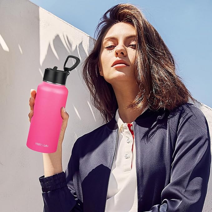 Insulated Water Bottle With Straw,32 oz Vacuum Insulated Stainless Steel Sports Water Flask,Keeps Cold and Hot,Metal Water Bottle Wide Mouth for Gym Travel Camping (Peach pink)
