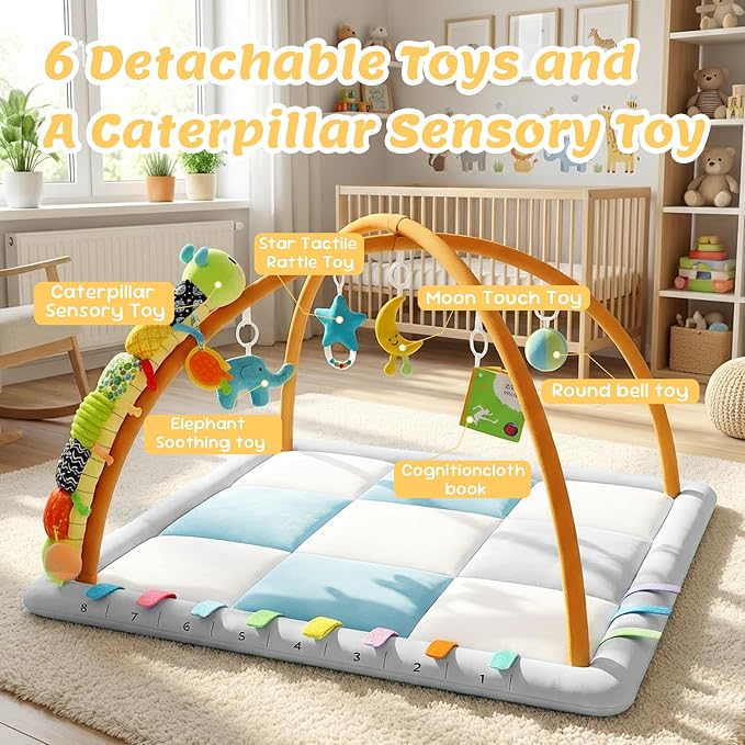 Baby Play Gym & Activity Mat, Baby Tummy time mat w 6 Detachable Toys, Promote Motor Skills & Sensory Development Mat, Newborn Infant Baby Essentials Gift.