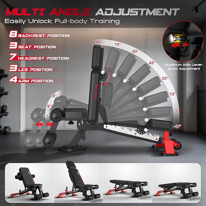 Commercial Adjustable Weight Bench, Heavy Duty 1800LBS | Workout Bench for Home Gym, Flat, Decline, Incline Bench Press, Removable Leg & Elbow Support for Full Body Strength Training