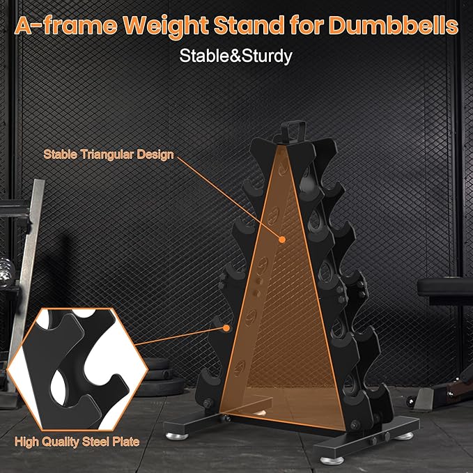 TomCare 6-Tier|5-Tier|4-Tier|2-Tier Dumbbell Rack Stand Only for Home Gym | Stable A-Frame, Fits 5–35 lb Dumbbells, Protective Padded Cradles, Adjustable Feet, Easy-Carry Handle (Stand Only)
