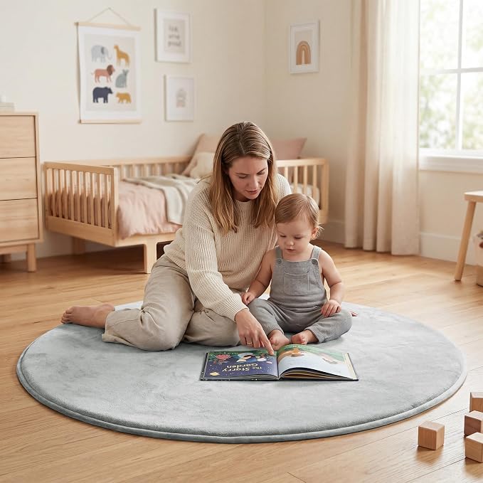 Baby Play Mat for Floor,1.3" Thick Elasti-Foam 47in Round Mat for Tummy Time,Water Repellent Soft Coral Velvet for Toddler,Infant,Kids,Non-Slip Backing Safe for Crawling(Light Grey)