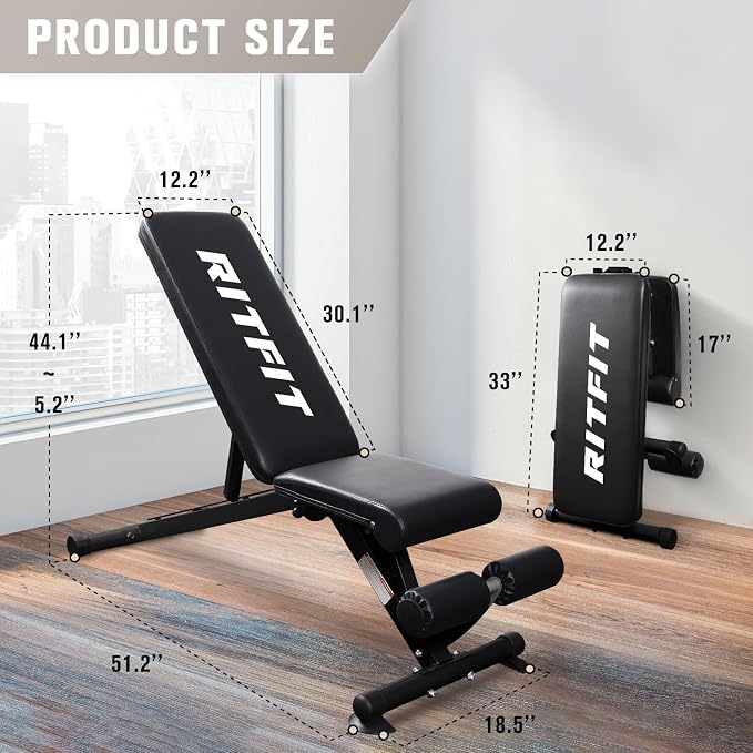 RitFit Adjustable/Foldable Utility Weight Bench for Home Gym | Incline Decline Flat, Multi-Position Backrest & Seat, Full Body Strength Training with Heavy Duty Steel Frame, Foldable