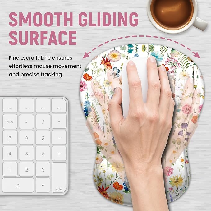 Ergonomic Mouse Pad with Wrist Rest, Gel Wrist Support, Wildflowers | 10.2 x 7.6 in Mouse Pad with Smooth Fabric Surface and Non-Slip Rubber Base for Office, Home, Study, and Gaming