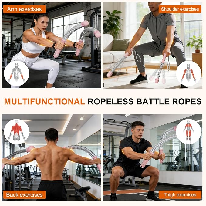 Adjustable Ropeless Battle Ropes, Portable Cordless Battle Ropes for Home Gym, Workout Equipment Exercise Rope for Low-Impact Workout, Strength & HIIT, for Men & Women (Pink)