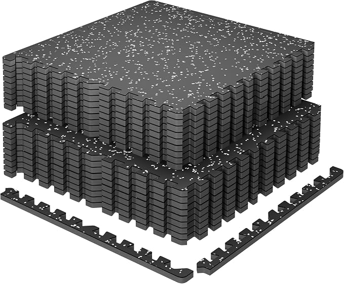 SUPERJARE 0.79'' Extra-Thick Exercise Equipment Mats, 18 Pcs 72 Sq Ft Rubber Top Floor Tiles with High Density EVA Foam, Interlocking Gym Flooring for Home Gym, Workout Mat, Black/Grey