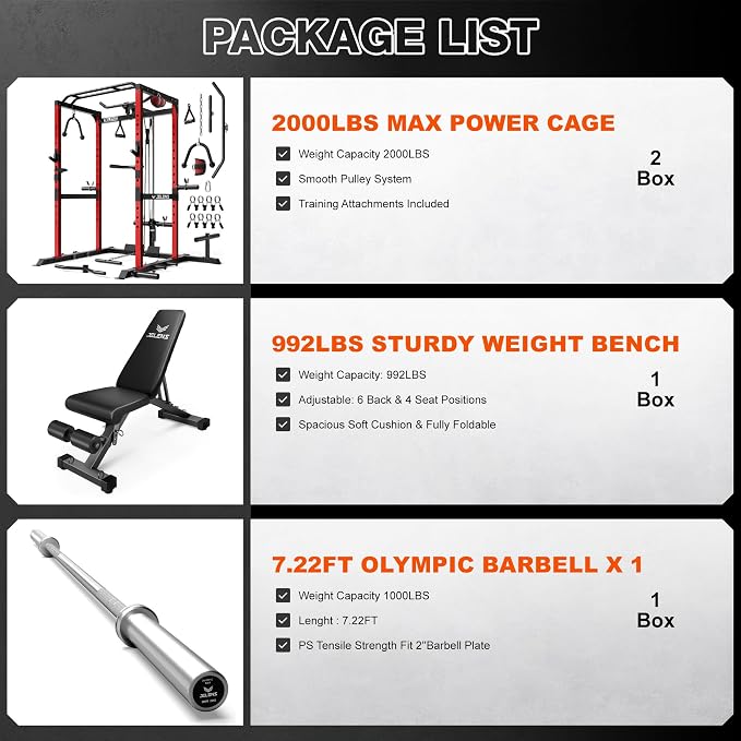 JELENS S21 Power Cage, Multi-Function Power Rack with Adjustable Cable Crossover System, 2000LBS Squat Rack for Home Gym with More Training Attachments