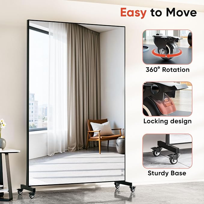 Suidia 82"x44" Extra Large Full Length Mirror on Wheels, 360° Swivel Rolling Mirror Floor, HD Tempered Glass Full Body Standing Mirrors for Home Gym, Yoga, Dance Studio, Bedroom, Rectangular, Black