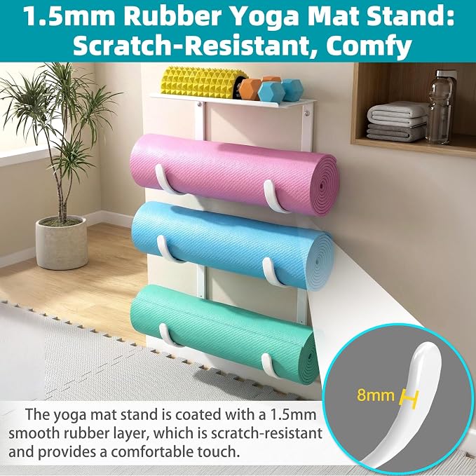 Yoga Mat Holder Wall Mount, No Tying, No Straps | Rubber-Coated Home Gym Storage Rack with Top Floating Shelf, 4-Tiers Holding Yoga Mat/ Blocks/ Rollers and Decorations