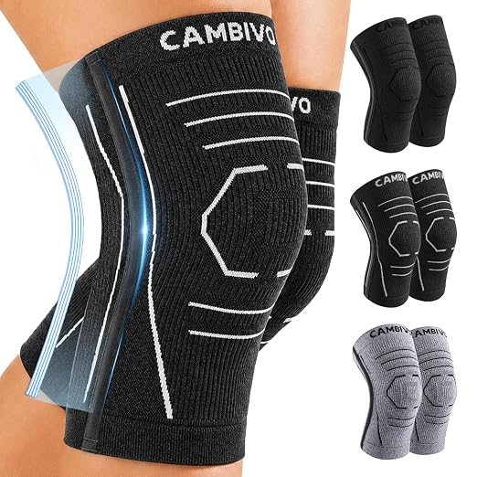 CAMBIVO 2 Pack Knee Brace for Women & Men, Compression Sleeves Knee Support | Lightweight Side Stabilizers| Latex free & silicone free | Knee pain relief for meniscus | Non-slip for running, hiking, gym