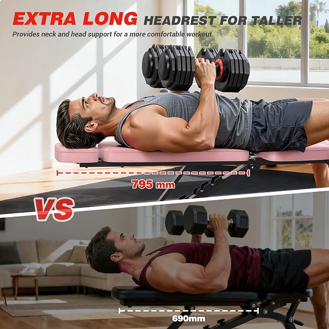 XDDIAS Workout Bench, 10 Backrests Adjustable Weight Bench with Extended Headrest, 800LBS Foldable Weight Bench for Home Gym, Incline Decline Flat Bench Compact for Small Space Training