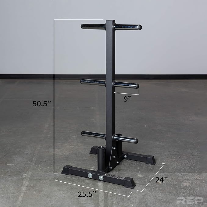 REP Fitness Bar and Weight Plate Tree Rack, Olympic Bumper Iron Storage Stand, Home Gym Organizer with 6 Chrome Horns, Dual Barbell Holders, 850 lb Capacity, Compact 24L/24W/50H in, Heavy Duty Steel