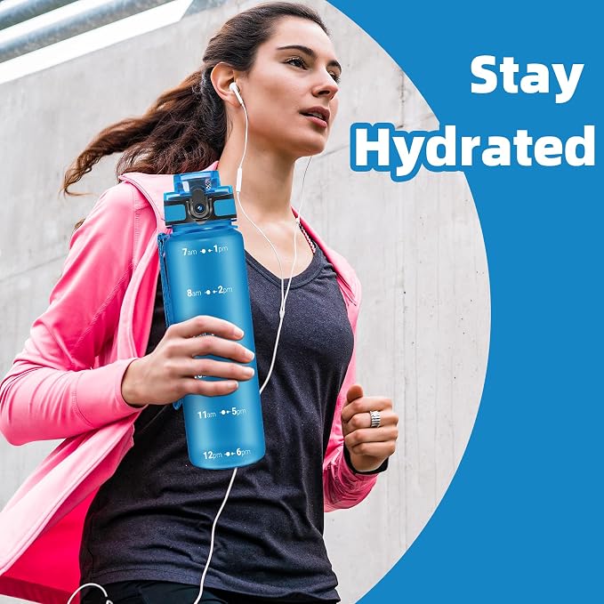 OLDLEY 32 oz Motivational Water Bottle with Time Marker, Sports Water Bottle With Strap, Leakproof & BPA Free Large Water Bottle for School, Gym, Travel, Outdoor, Tritan, Blue
